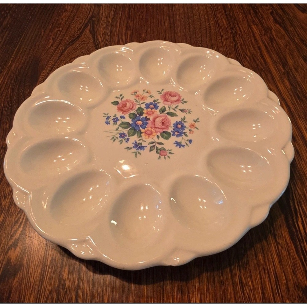 Vintage E.R American Art Ware Floral Deviled Egg Platter White Scalloped 12 Slot